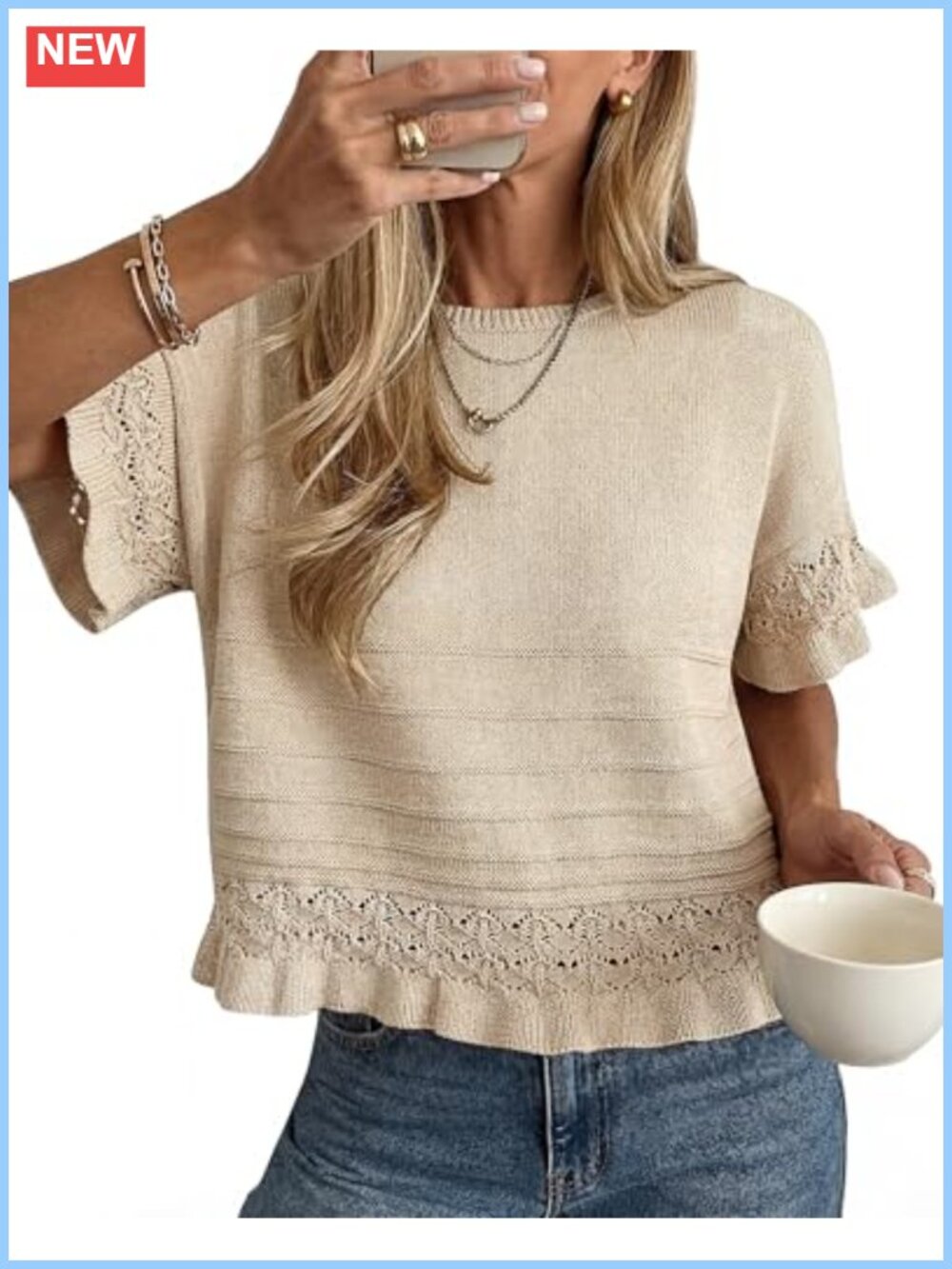 Women's Short Sleeve Ruffle Hem Knit Crochet Pullover Sweater